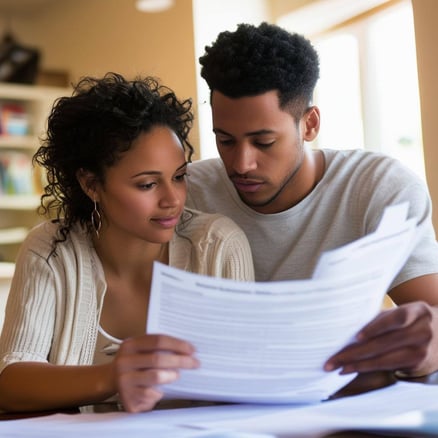 Young mixed race couple looking over real estate contracts